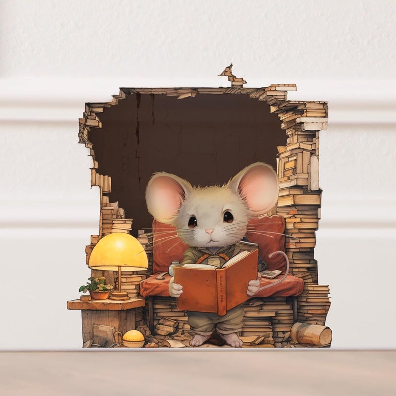 EGD Cute Mouse Hole Wall Decals 3D | 4"x4" Wall Stickers for Child Room Decor | Nursery Wall Decals | Mouse Hole Stickers for Wall Decor | Stickers for Kids (Reader Mouse) - Image 1